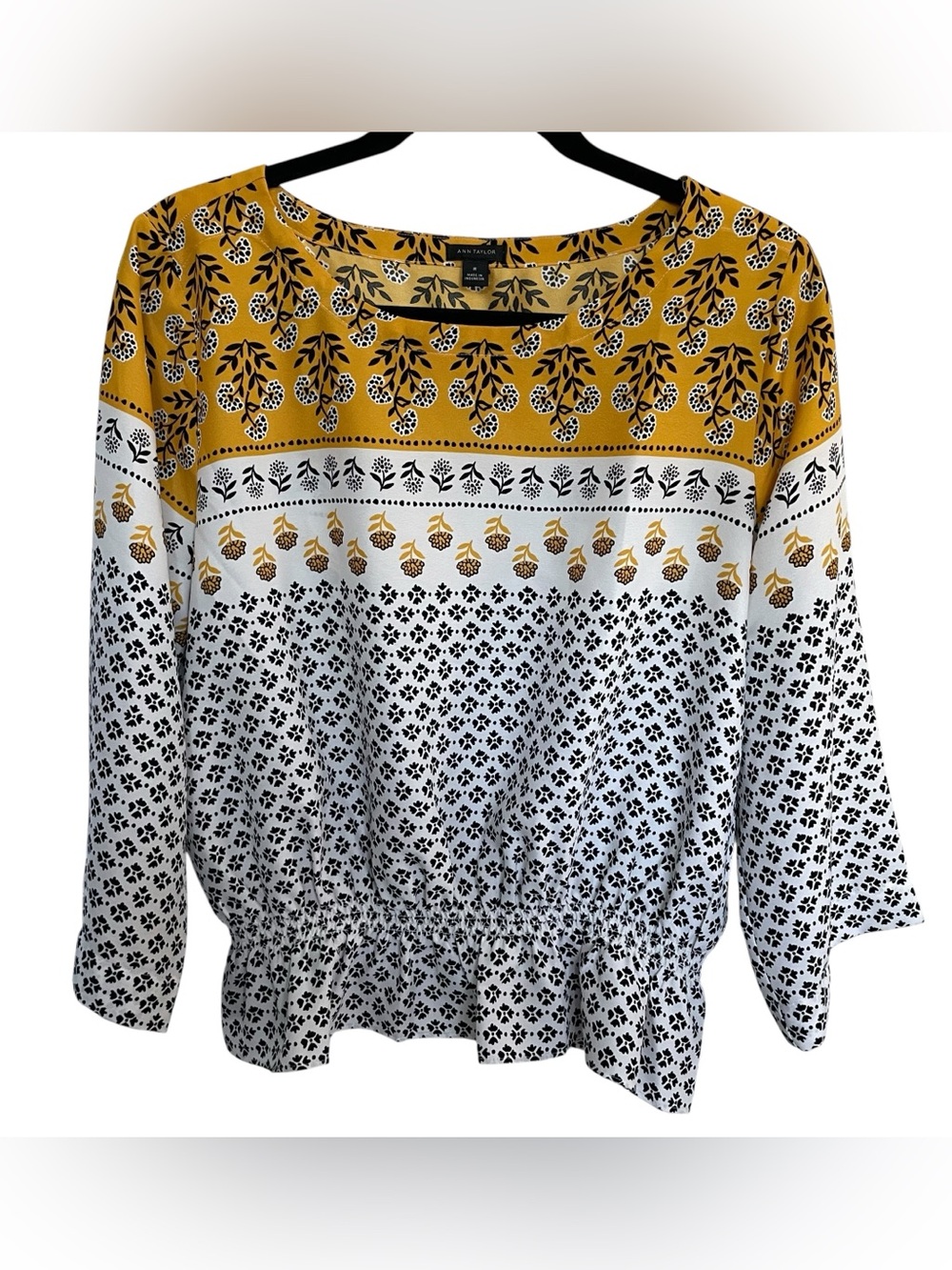 Ann Taylor Floral Border Print Peplum Blouse Mustard White Women Size Medium